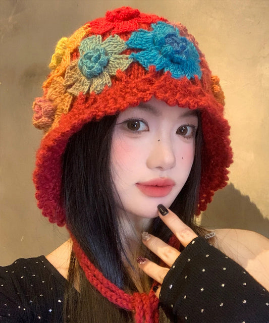 Ethnic Style Red Flower Hollow Knitted Boonie Hat