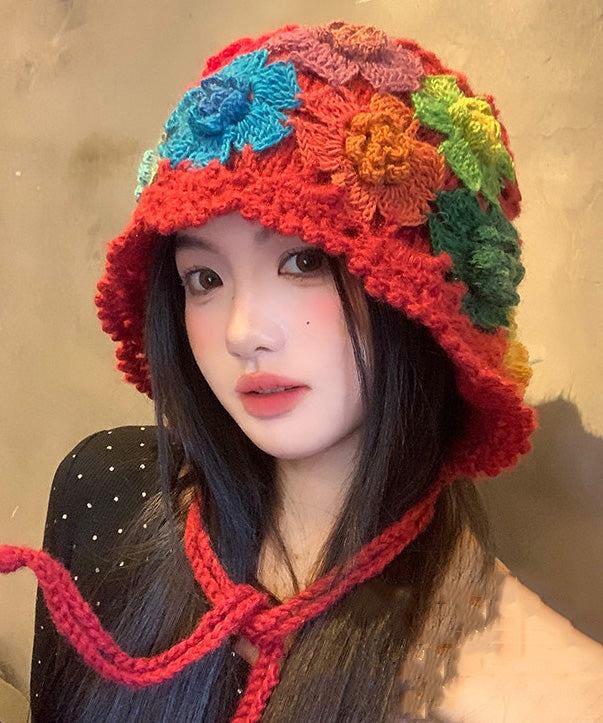 Ethnic Style Red Flower Hollow Knitted Boonie Hat