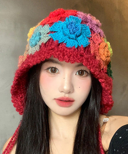 Ethnic Style Red Flower Hollow Knitted Boonie Hat