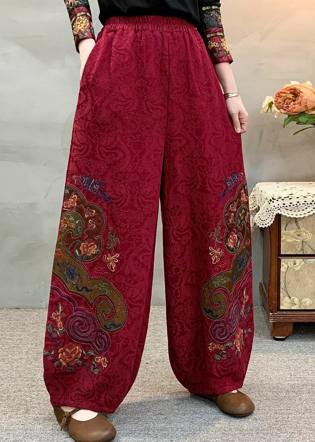 Ethnic Style Red Linen Harem Pants Embroidered Spring