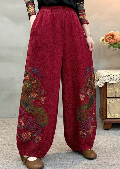 Ethnic Style Red Linen Harem Pants Embroidered Spring