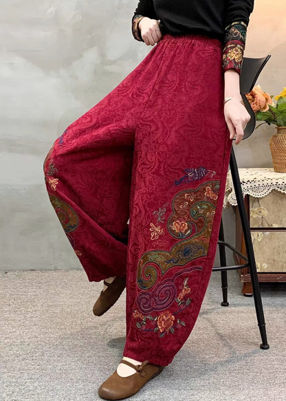 Ethnic Style Red Linen Harem Pants Embroidered Spring