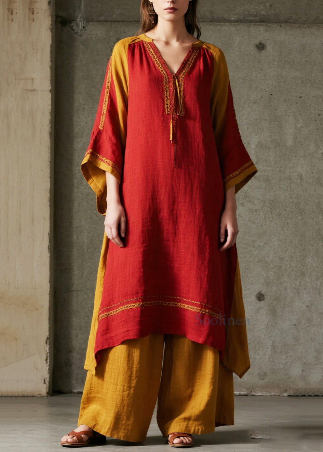 Ethnic Style Red Oversized Patchwork Cotton Maxi Dresses Spring