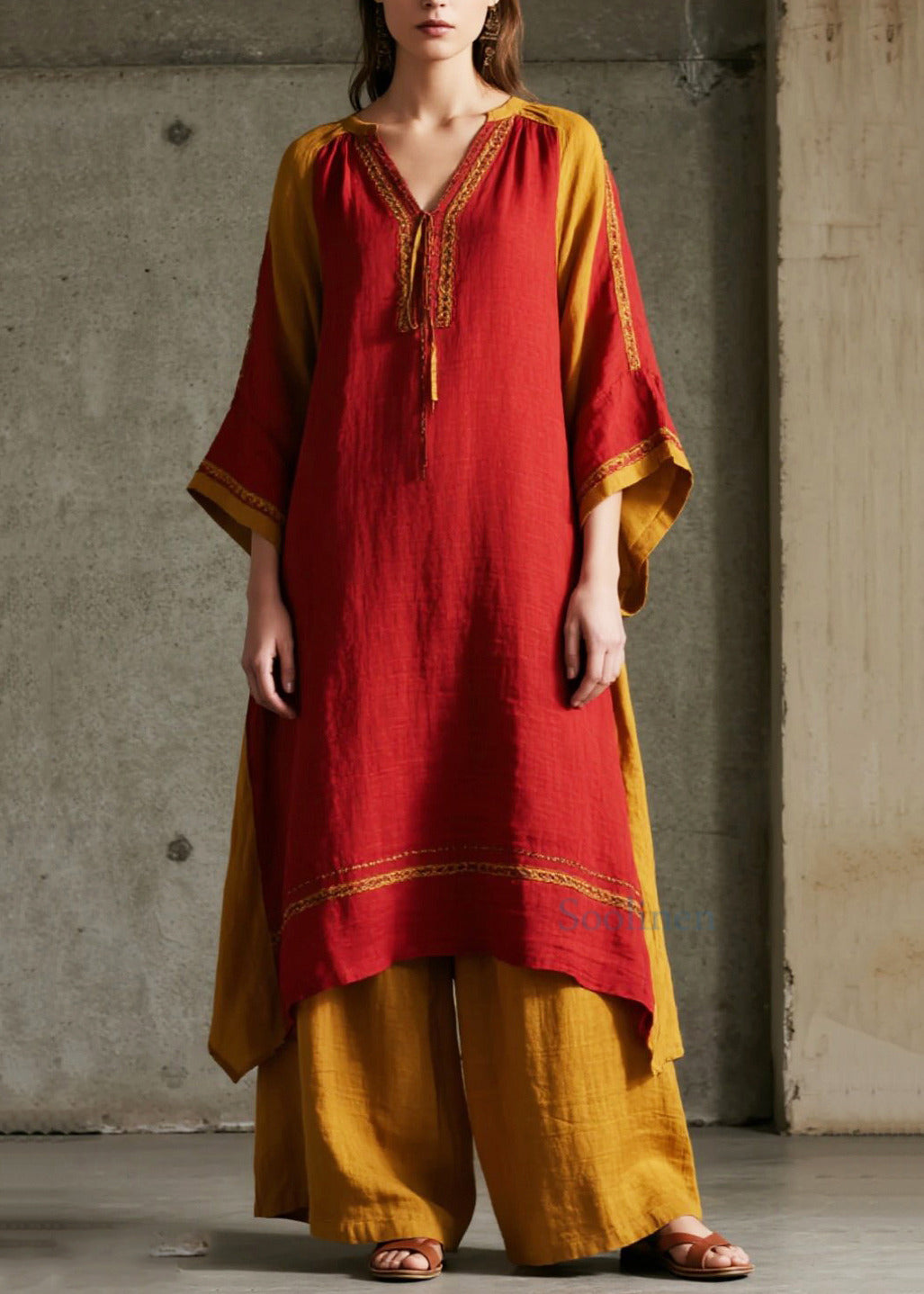 Ethnic Style Red Oversized Patchwork Cotton Maxi Dresses Spring