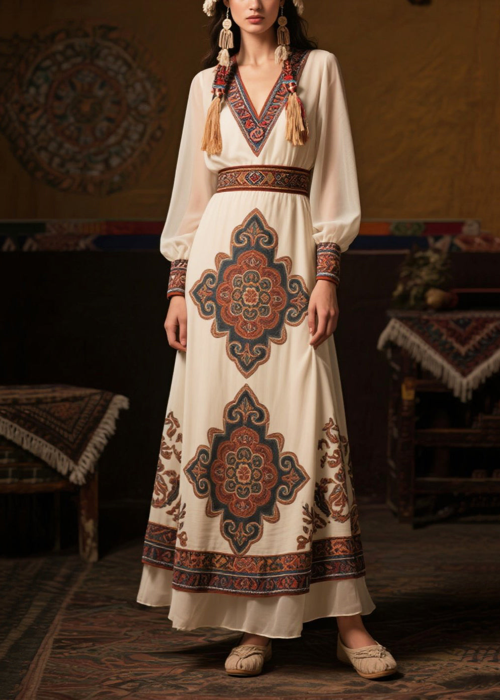 Ethnic Style White Cinched Print Chiffon Long Dresses Fall