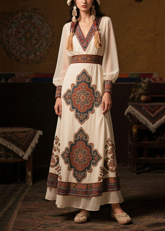 Ethnic Style White Cinched Print Chiffon Long Dresses Fall