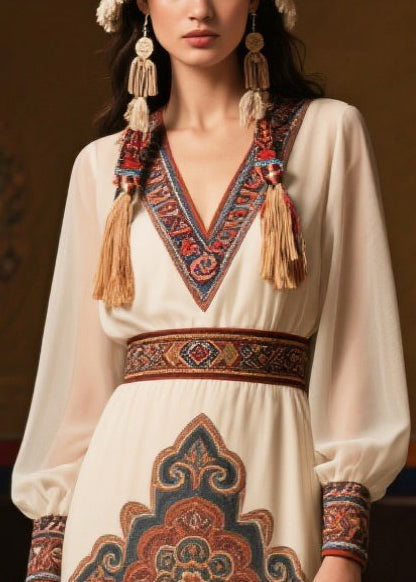 Ethnic Style White Cinched Print Chiffon Long Dresses Fall