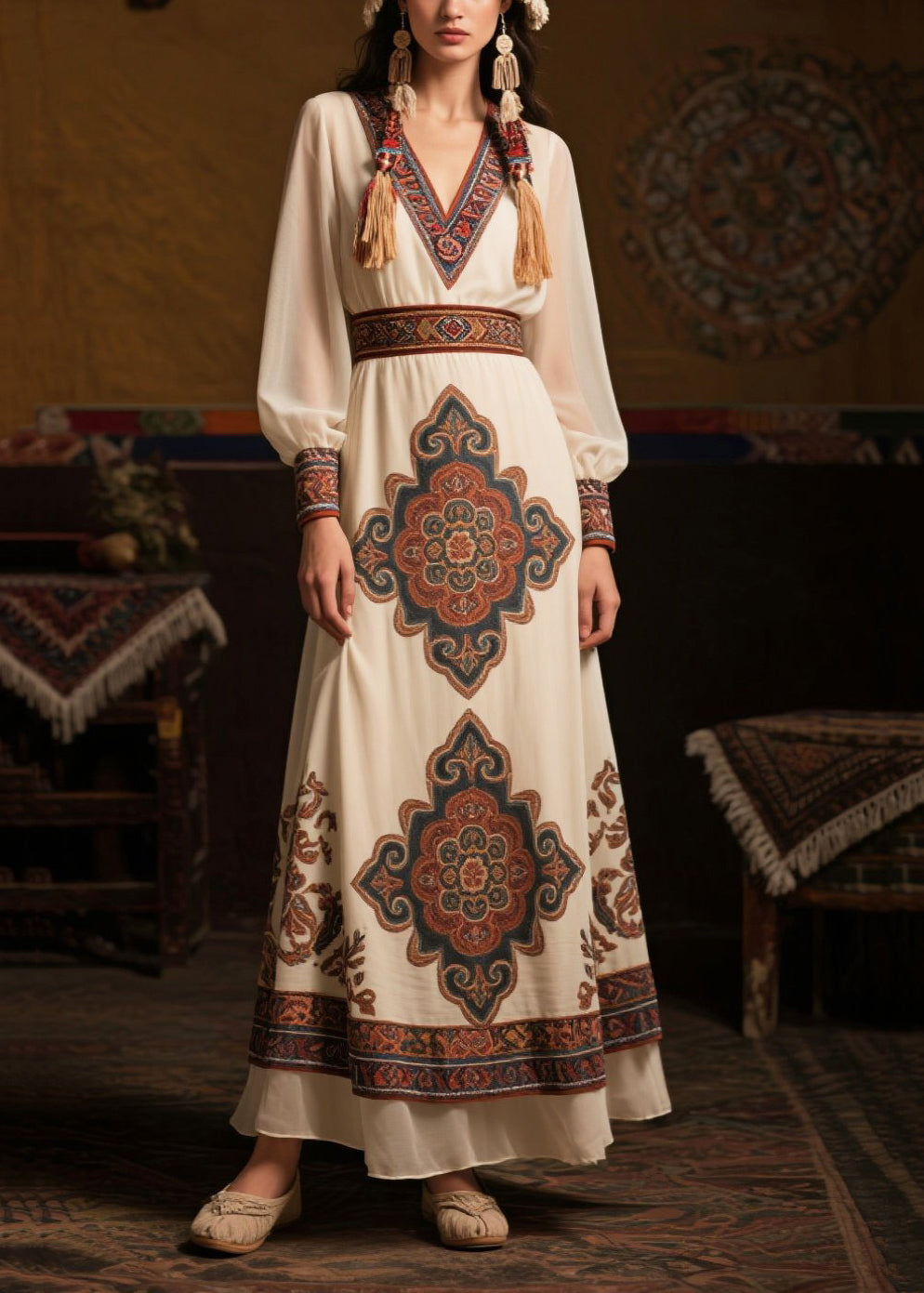 Ethnic Style White Cinched Print Chiffon Long Dresses Fall