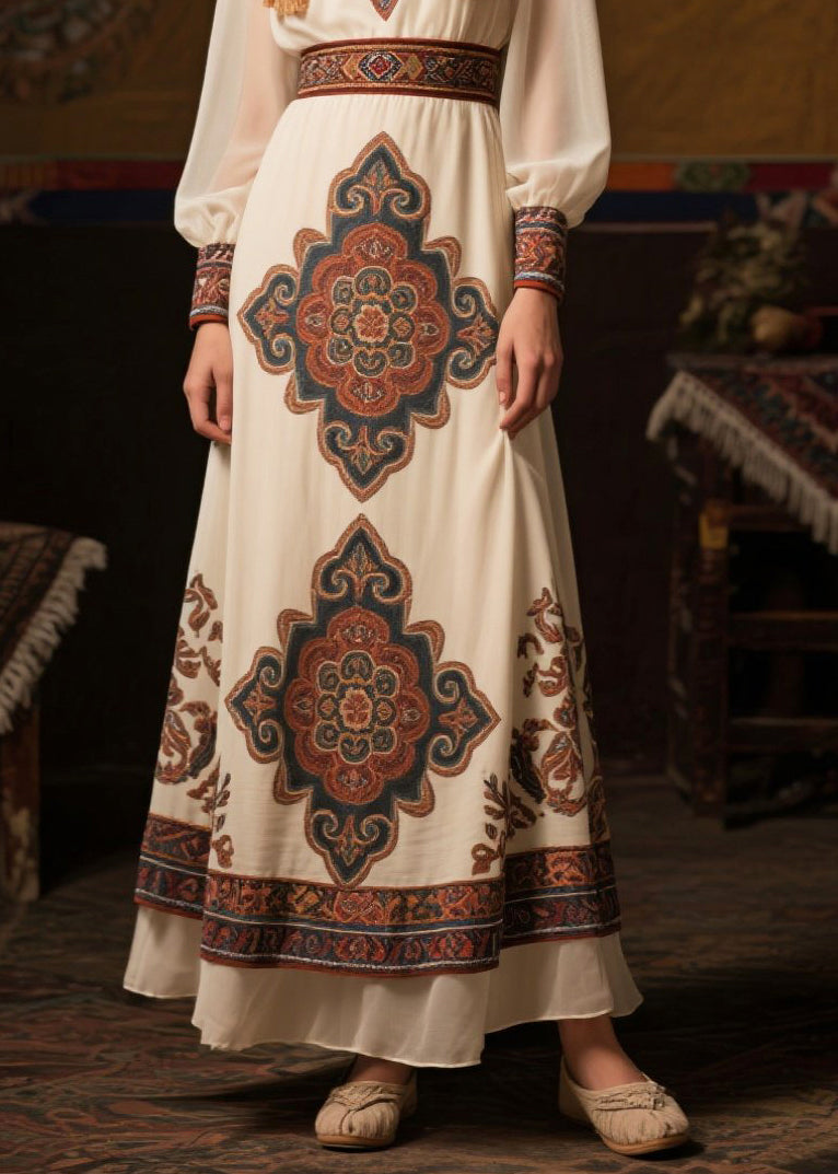 Ethnic Style White Cinched Print Chiffon Long Dresses Fall