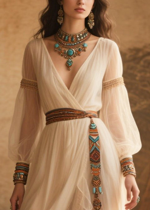 Ethnic Style White Tasseled Tulle Tunic Dress Summer
