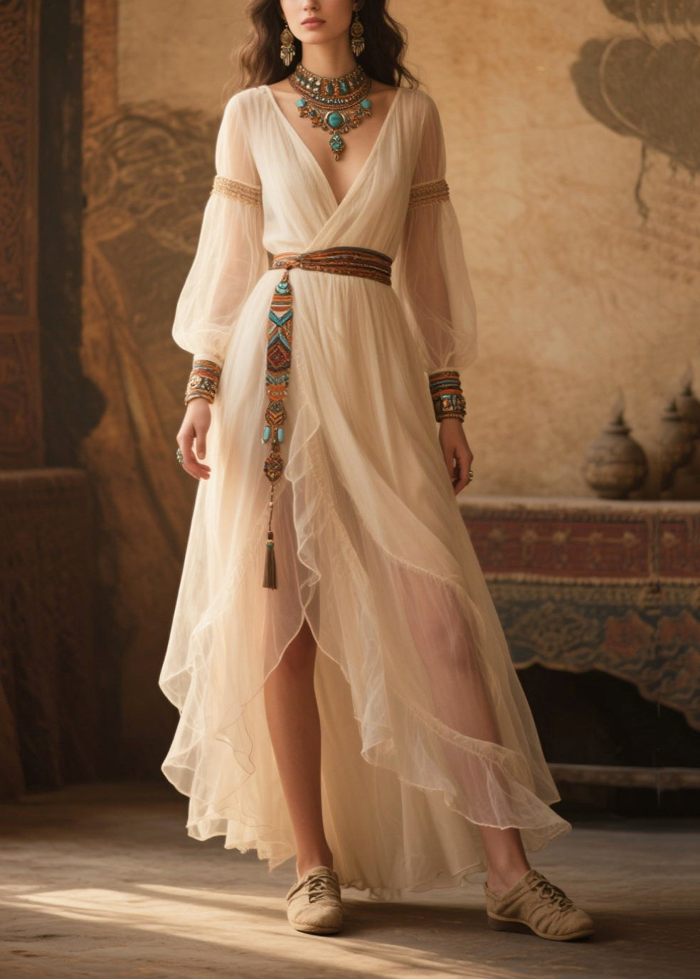 Ethnic Style White Tasseled Tulle Tunic Dress Summer