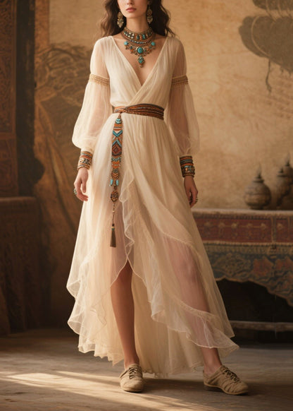 Ethnic Style White Tasseled Tulle Tunic Dress Summer