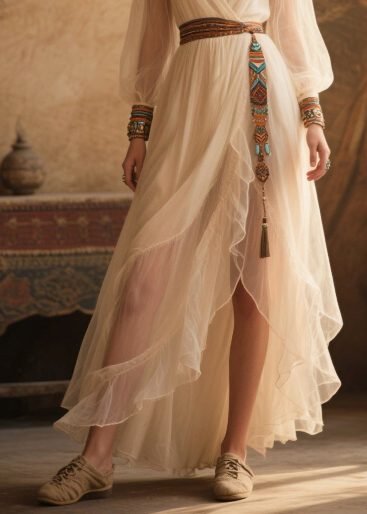 Ethnic Style White Tasseled Tulle Tunic Dress Summer