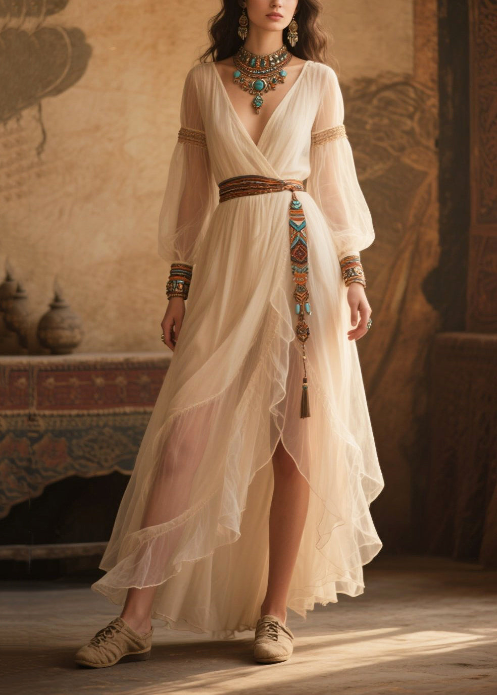 Ethnic Style White Tasseled Tulle Tunic Dress Summer