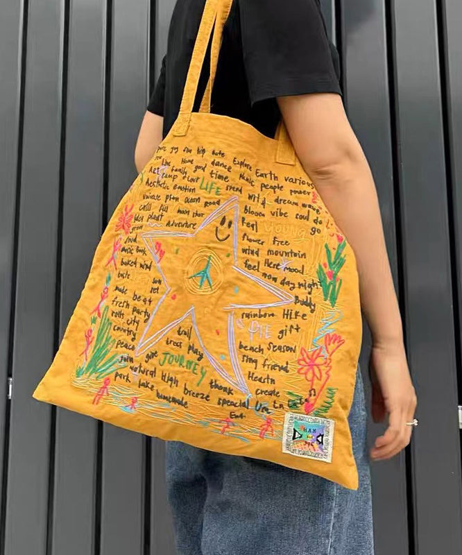 Ethnic Style Yellow Embroidery Star Cotton Shoulder Bags