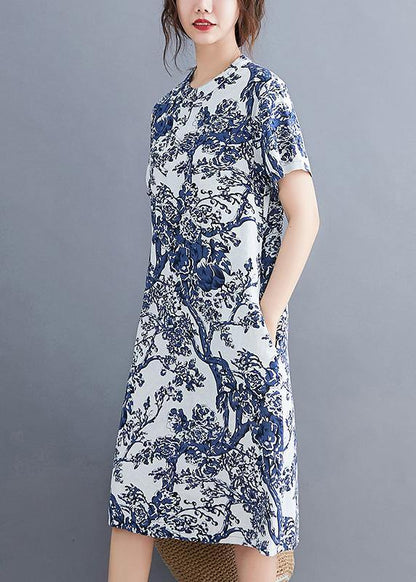 Ethnic blue printed buckle loose dress - SooLinen