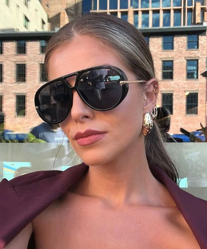 European And American Black Large Frame Pilot Style Sunglasses