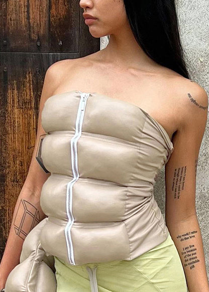 European And American Khaki Cold Shoulder Zipper Strapless Women Vest