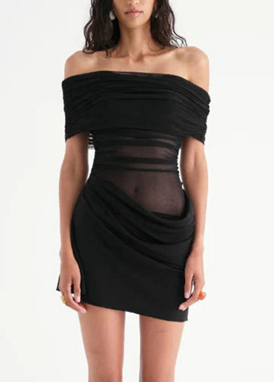 European And American Style Black Slash Neck Tulle Patchwork Mid Dress Summer