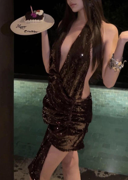 European And American Style V Neck Backless Sequins Mini Dresses Summer