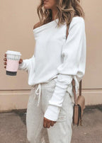 European And American Style White Slash Neck Cotton T Shirts Tops Fall