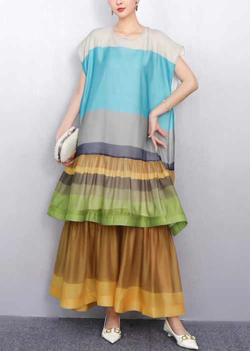 Eye Catching Color Blue Block Tiered Patchwork Cotton Long Dress