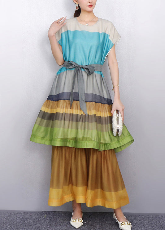 Eye Catching Color Blue Block Tiered Patchwork Cotton Long Dress