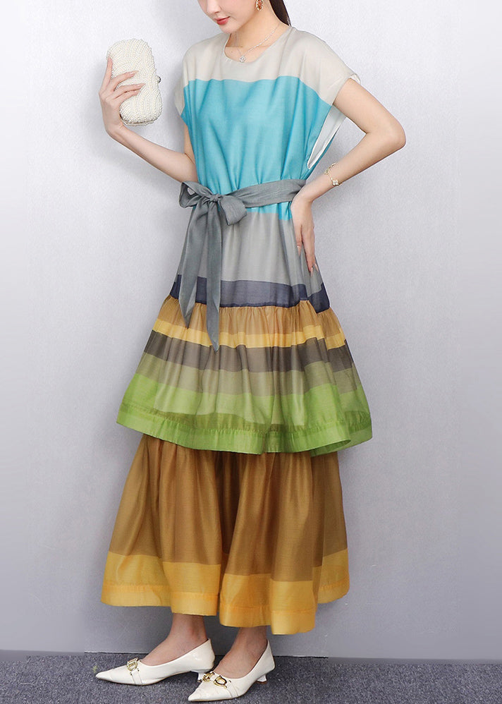 Eye Catching Color Blue Block Tiered Patchwork Cotton Long Dress
