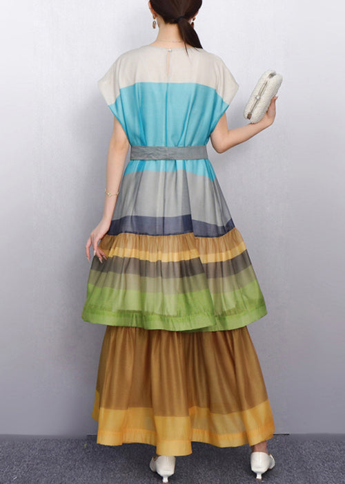 Eye Catching Color Blue Block Tiered Patchwork Cotton Long Dress
