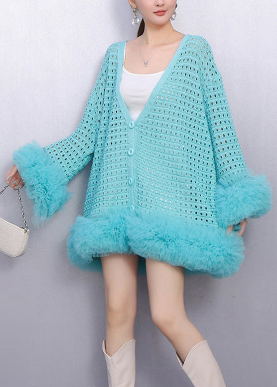 Fall Baby Blue Faux Fur Panels Trimmed Hollow Out Knit Cardigan