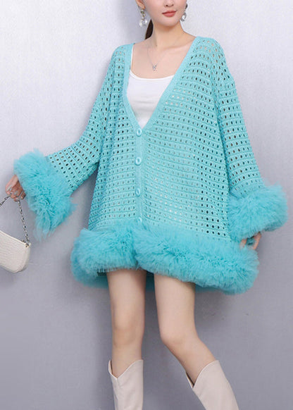 Fall Baby Blue Faux Fur Panels Trimmed Hollow Out Knit Cardigan