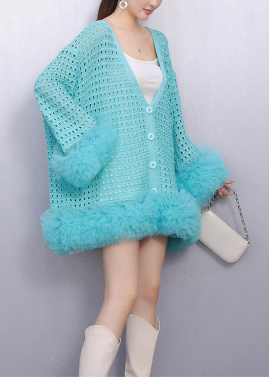 Fall Baby Blue Faux Fur Panels Trimmed Hollow Out Knit Cardigan