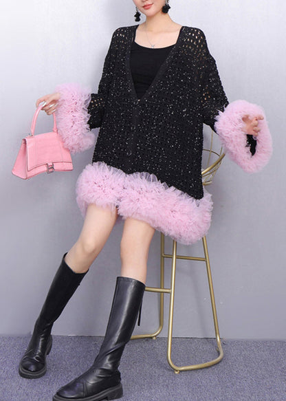 Fall Baby Blue Faux Fur Panels Trimmed Hollow Out Knit Cardigan