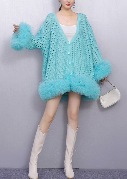 Fall Baby Blue Faux Fur Panels Trimmed Hollow Out Knit Cardigan