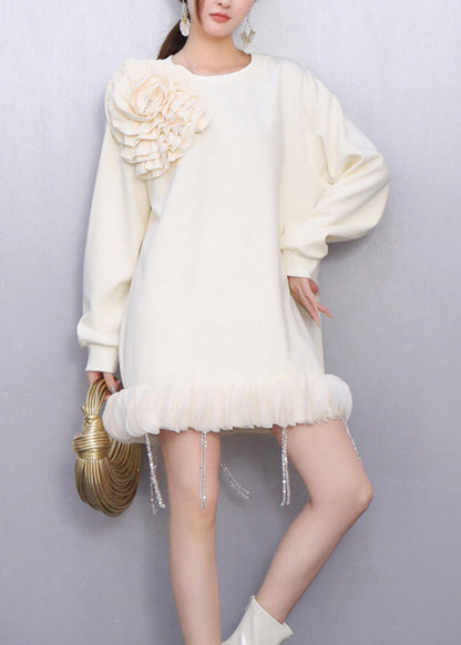 Fall Beige Floral Decorated Crystal Tassel Patchwork Dress