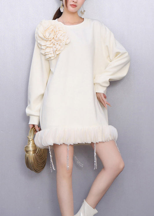 Fall Beige Floral Decorated Crystal Tassel Patchwork Dress