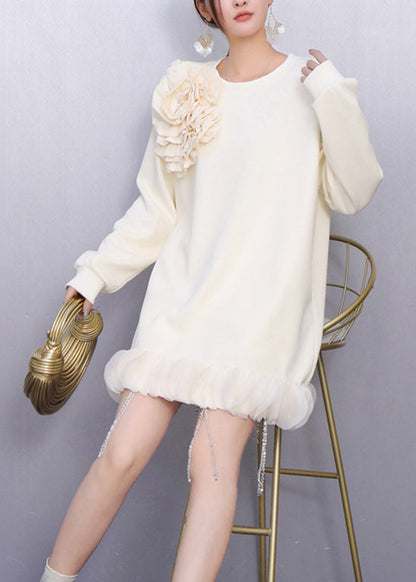 Fall Beige Floral Decorated Crystal Tassel Patchwork Dress