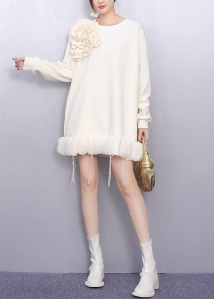 Fall Beige Floral Decorated Crystal Tassel Patchwork Dress