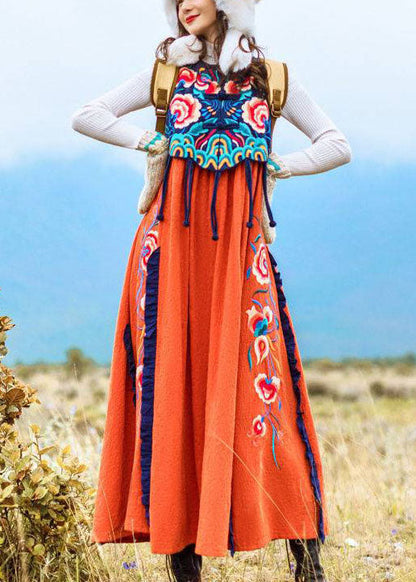 Famous family style Orange Embroideried O-Neck Embroideried Patchwork Long Dress Sleeveless