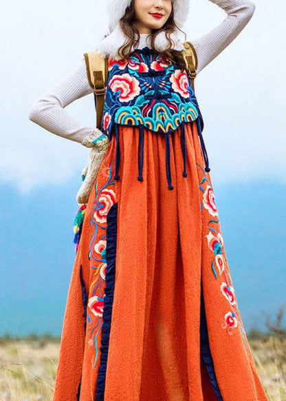 Famous family style Orange Embroideried O-Neck Embroideried Patchwork Long Dress Sleeveless