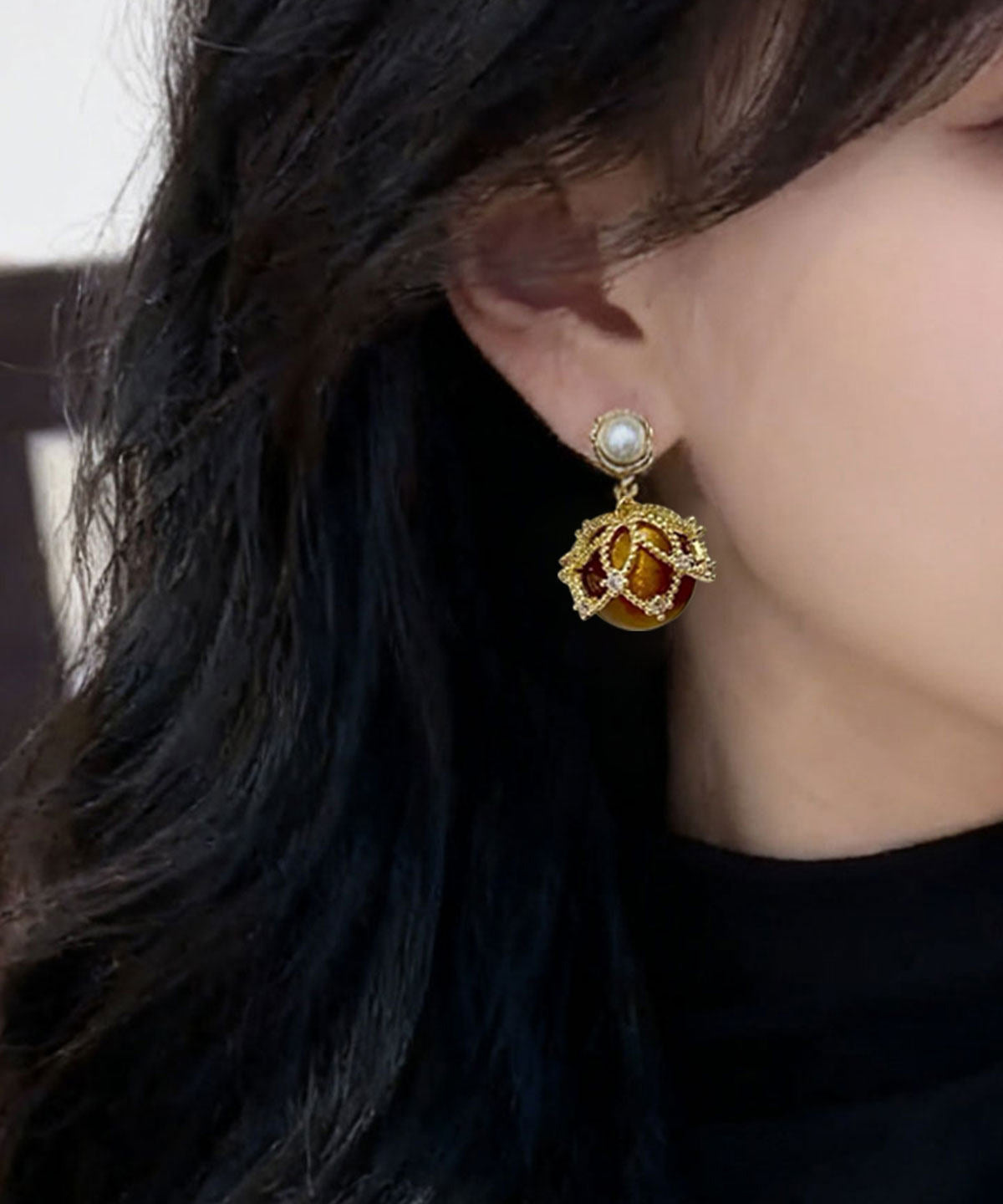 Fashion Amber Copper Overgild Zircon Pearl Drop Earrings