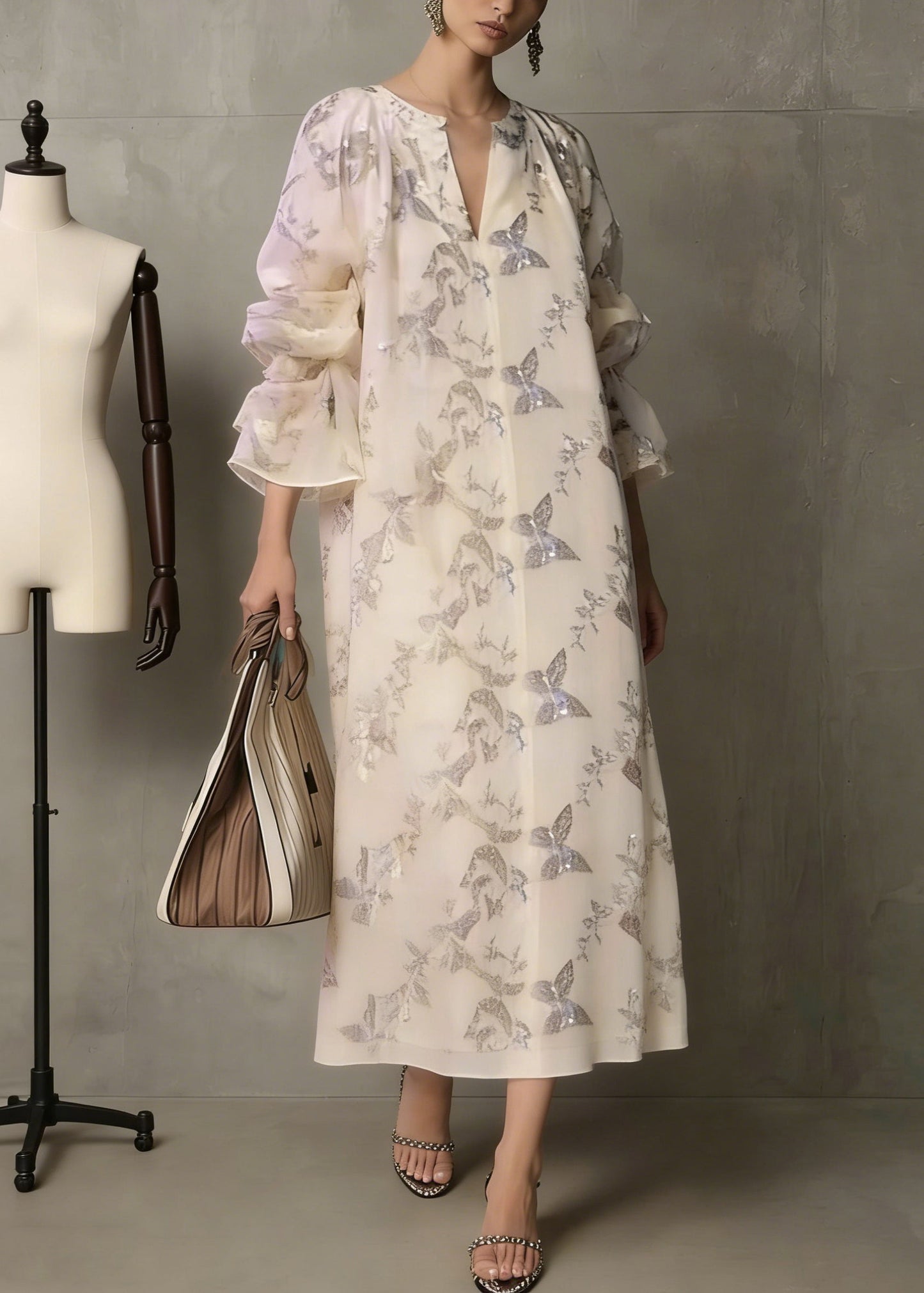 Fashion Apricot Butterfly Sequins Cotton Dress Flare Sleeve
