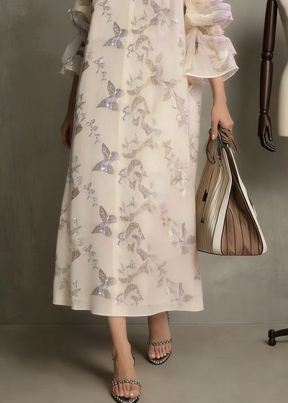 Fashion Apricot Butterfly Sequins Cotton Dress Flare Sleeve