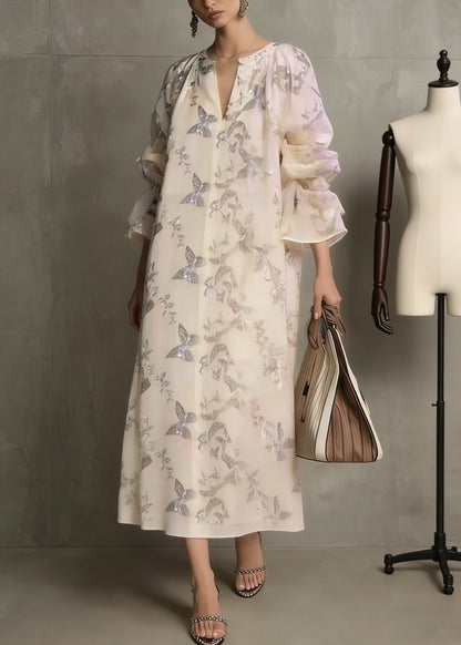 Fashion Apricot Butterfly Sequins Cotton Dress Flare Sleeve