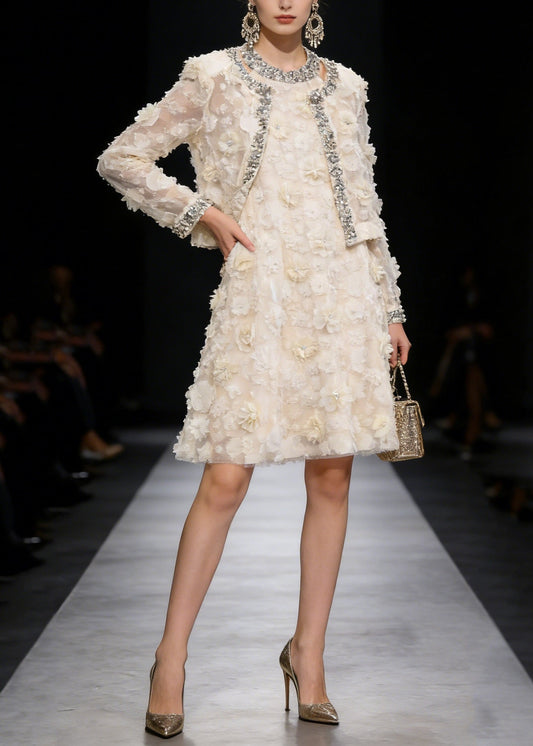 Fashion Apricot Floral Coat And Dress Tulle Two Piece Suit Set Spring