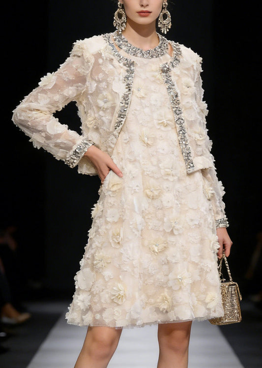 Fashion Apricot Floral Coat And Dress Tulle Two Piece Suit Set Spring