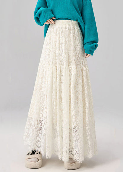 Fashion Apricot High Waist Solid Lace A Line Skirts