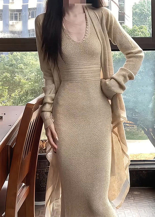 Fashion Apricot O-Neck Halter Tunic Knit Cardigans And Long Dress Two Piece Set Spring
