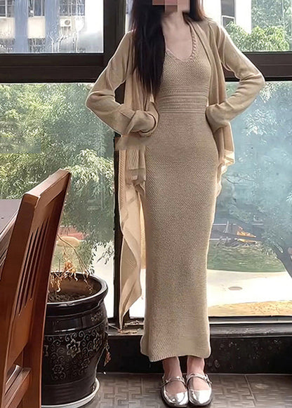 Fashion Apricot O-Neck Halter Tunic Knit Cardigans And Long Dress Two Piece Set Spring