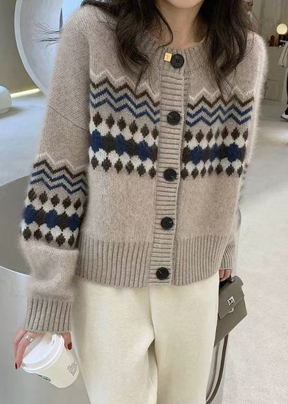 Fashion Apricot O Neck Jacquard Button Knit Cardigans Spring